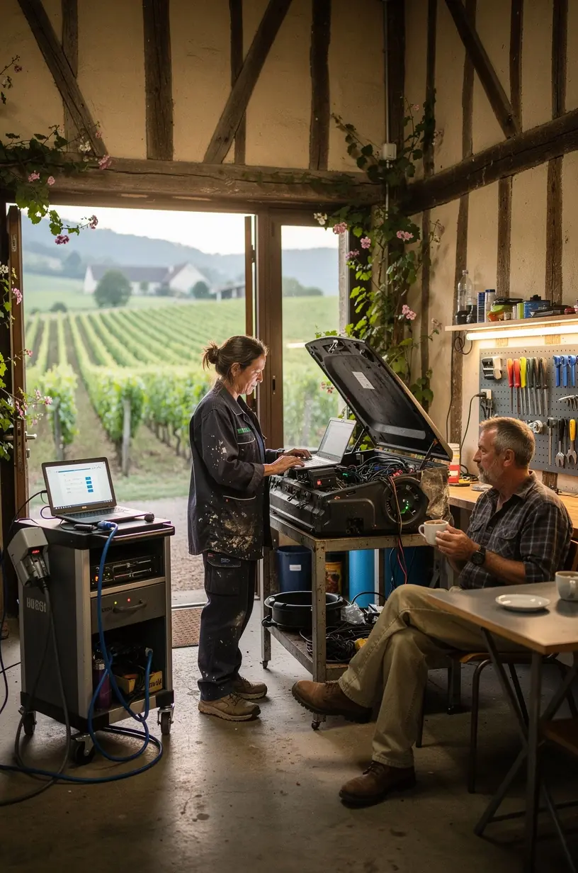 Atelier de réparation auto électrique moderne avec équipements de diagnostic informatisé et techniciens au travail.