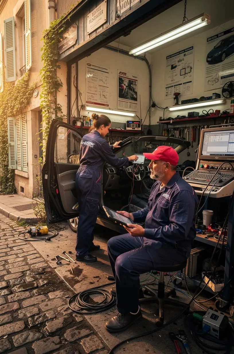 Technicien expliquant les résultats du diagnostic électronique à un client dans un garage professionnel.
