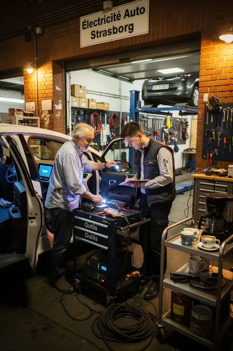 Mécanicien spécialisé en électricité automobile utilisant un oscilloscope pour analyser un circuit de voiture.